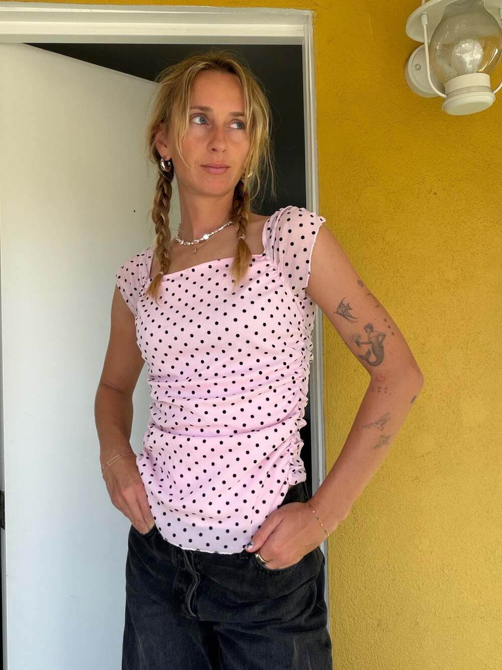 Rio Vintage Pink and Black Polka Dot Ruched Square Neck Top